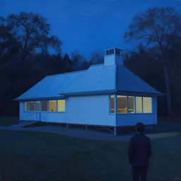farnsworth house painting by atey ghailan,, blue light, character looking back, cinematic, masterpiece