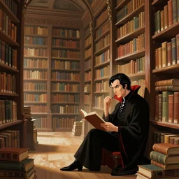 giant library, books everywhere, dracula sits reading, illustration by brom