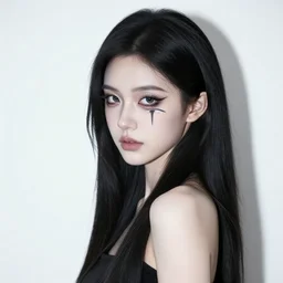 death as a young, attractive, slim woman of average height in her early to mid 2 0's, very pale skin, dark eyes, long jet - black hair, eye of horus painted under one of her eyes, wears black clothing