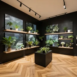 hyperdetailed trendy store, oak parquet, black walls, digital walls, plants