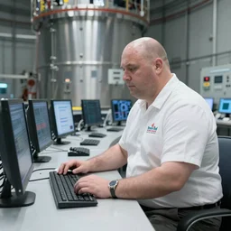 heavyset bald man wearing a white shirt and genes working in a nuclear silo control room by Roger Deakins