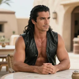 muscular man sitting at table on tatooine, wearing a black black leather vest, no shirt, shirtless, long black hair in a ponytail 9 9 9 9 9 9 9 9 9