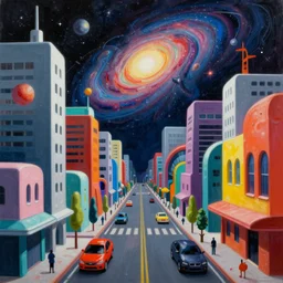an extremely high quality hd surrealism painting of a 3d galactic neon complimentary-colored cartoon surrealism melting optically illusiony high-contrast zaha hadid city street by kandsky and salvia dali the second, salvador dali's much much much much more talented painter cousin, clear shapes, 8k, realistic shading, ultra realistic, super realistic