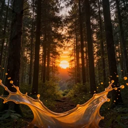forest sunset splash art graphic design color splash high contrasting art, fantasy, highly detailed, rule of thirds art by greg rutkowski