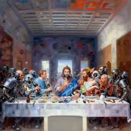 painting of tech priests dining at the last supper, adeptus mechanicus!, cybernetic enhancements attached to their bodies, praise the omnissaiah, zdzislaw beksinski, lewis jones, mattias adolfsson, warhammer 4 0 k!!, cold hue's, warm tone gradient background, concept art, digital painting