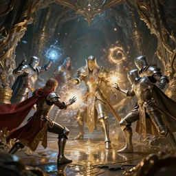 5 knights fantasy characters fight with magic in big cave, action scene, lumen reflections, sharpened, insanely detailed and intricate, hypermaximalist, elegant, ornate, hyper realistic, super detailed, digital art, bokeh blur