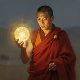 tibetan monk holding an orb of light. fantasy, digital painting, hd, detailed.