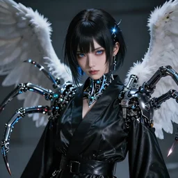 hd photo detailed portrait of angelic cg anime girl beautiful face and mechanical tentacles and knives and synaptic glows wearing black silk leather robe photorealistic cinematic technoir shot with leica zeiss depth of field and lens flare in style of frank miller alex ross kentaro miura giger ito junji davinci trending on pixiv artstation flickr