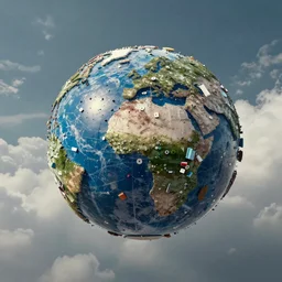 little planet made of plastic and metal trash, floating in the cloudy sky, 3d rendering of photo realistic image, super detailed, 4K, cinematic look