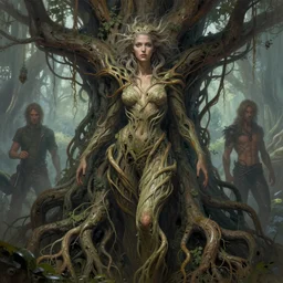 an epic highly detailed colorful illustration of a gorgeous woman with massive intertwining tree roots as her body, in the style of greg rutkowski and drew struzan and algernon blackwood, realistic digital painting, brutalist futuristic, cinematic lighting, trending on artstation
