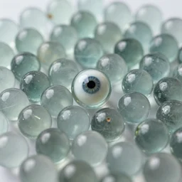 a table full of tightly packed glass marbles with one glass eyeball
