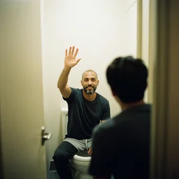 looking out of a toilet at a man waving goodbye, photo