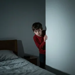 evil kid lurking on the shadows of a bedroom