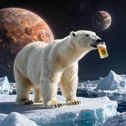 polar bear on iceberg in mars, outer space drinking beer, planet mars, photorealistic, high resolution,, trending on deviantart, hdr, hyper detailed, insane details, intricate, elite, ornate, dramatic lighting