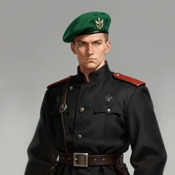 russian warrior in a black uniform with a green beret digital art, 8 k, character, realism, anime, portrait