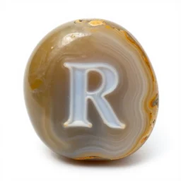 a studio portrait of beach agate with the letter r in the banding white background