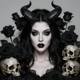 beautiful dark sorceress surrounded by black roses horns and skulls, cushart krenz, very detailed, realistic face, detailed face, matte, tonemapping, bbwchan, perfection, 4 k, cushart krenz