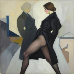 lady in black coat and pantyhose intricate, seductive confident pose medium shot, asymmetrical, profile picture, organic painting, sunny day, matte painting, bold shapes, hard edges, street art, trending on artstation, by huang guangjian and gil elvgren and brom