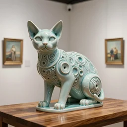 beautiful gallery show studio photograph of a giant realistic round biomechanical ceramic sculpture of a manx cat, fractal 3 d structure, celadon glaze, placed on a polished wooden table, colorful hyperrealism 8 k trending on artstation