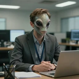 District 9 prarwn alien working as a management consultant, highly detailed, professional photograph, stock photo, sharp focus