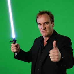 quentin tarantino giving his thumbs up with one hand, and raising a lightsaber with his other hand. without characters. green screen background. cinematic trailer format.