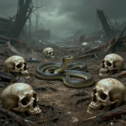 snakes crawling from skulls in apocalyptic wasteland, depressing, morbid, surreal, 4 k, digital art, concept art, trending on artstation, highly detailed, epic composition