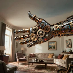 a giant hand made of metal and cogs floats through the living room, film still from the movie directed by Denis Villeneuve with art direction by Salvador Dalí, wide lens