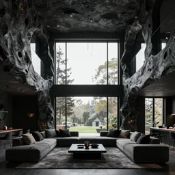 brutalist black mansion luxury living room open space tall windows interior design minimalist organic, organic architecture furniture open space high quality octane render blender 8 k