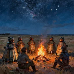 dramatic oil painting daleks gathered around a campfire at night on the open prairie under a beautiful sky filled with stars in the Western American style of Frederic Remington