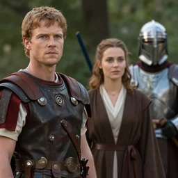 sharp, highly detailed, film from a 2 0 1 9 sci fi 8 k movie, time travelers suddenly appear in a park in 2 0 1 9, a man from the roman empire and a woman from 1 8 5 0, and a jedi knight, each wearing correct era clothes, atmospheric lighting, in focus, reflective eyes, 3 5 mm macro lens, live action, nice composition