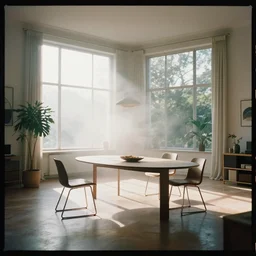 kodak portra 4 0 0 photographic and realistic, a modern room with large windows and a table in the center, detailed, octane render, unreal engine, 4 k, artstation, hyper realistic, wide angle, 3 5 mm, sharp focus, soft light, volumetric light fog, in the style of gregory crewdson