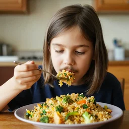 kid with long hair and a mustache eating vegetable fried rice