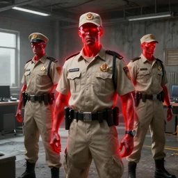 zombie ranger officers ( beige uniform and caps ) ( glowing red skin eminating in aura ) in brutalist concrete office trending on artstation high detail digital painting 4 k 8 k hd concept art render shading