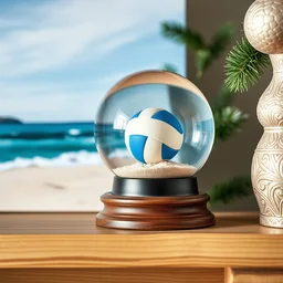 snow globe on the wood mantel with beach volleyball inside, depth of field