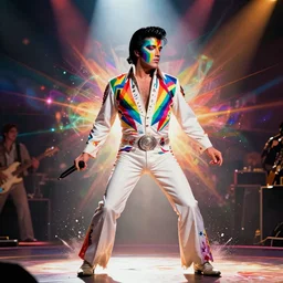 elvis presley performing in a jumpsuit, art by alessandro pautasso, rainbow geometric face, fractal, paint splash, full body, beautiful