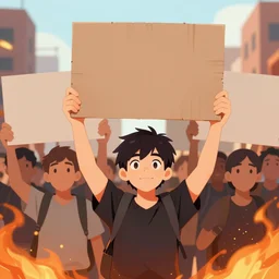 protesters holding placards, detailed digital illustration by greg rutkowski, fire, forced perspective, android netrunner