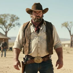 film still of the main character brawny burly surly cowboy standing in the outdoor scene in an action movie posing for the camera 2 0 2 0, 4 k wild west westworld