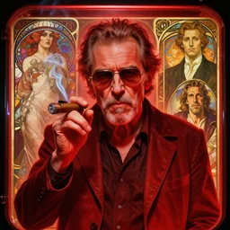 A holographic portrait of a bad guy , older male , smoking a cigar  , tron , inside the machine , red  ,by Stanley Artgerm Lau, Greg Rutkowski, Thomas Kinade ,Alphonse Mucha, Loish, Norman Rockwell ,trending on artstation , rule of thirds, golden ratio ,HD 4k