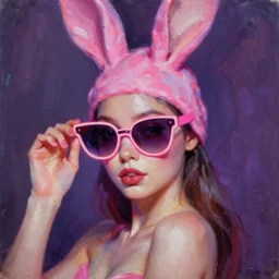 painted close - up portrait of a neon sensual bunny girl. oil painting, wearing neon sunglasses, fantasy art by greg rutkowski and john singer sargent and gaston bussiere, demon noble character design