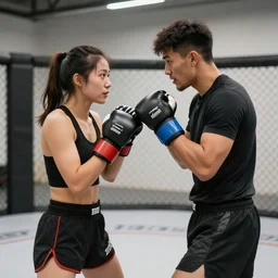 girl and a guy in a friendly mma fight, photorealistic