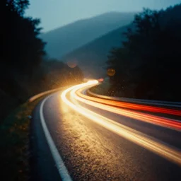 a 2 8 mm macro photo of trailing streaked car lights on a winding mountain highway, long exposure at night, splash art, movie still, bokeh, canon 5 0 mm, cinematic lighting, dramatic, film, photography, golden hour, depth of field, award - winning, anamorphic lens flare, 8 k, hyper detailed, 3 5 mm film grain, hazy