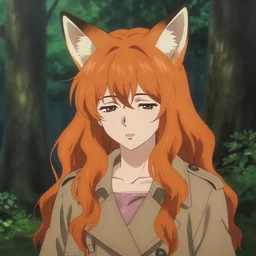 girl with fox ears, tired eyes, long wavy orange hair, light brown trenchcoat, forest background, focus on face, pretty, moody lighting, painterly, illustration by shigenori soejima, by tatsuki fujimoto, by yoji shinakawa