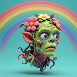 headshot of a trickster nature zombie, head made of fruit and flowers in the style of arcimboldo, covered with tendrils and vines, made by greg rutkowski, digital illustration, dynamic lighting, action figure, clay sculpture, claymation, turquoise pink and green, rainbow backdrop