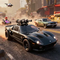 3 5 mm low angle photo mad max combat military black 1 9 7 3 ford falcon gt hot rod racing on a post apocalyptic road, roof mounted machine guns, gta 5, mario cart, rocket league, hyper detailed, rocket league, smooth, high contrast, volumetric lighting, octane, george miller, vibrant rich deep color, comic book