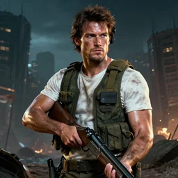 epic portrait cinematic shot an male survivor in a white t shirt and a military vest holding a shotgun, shiny skin, dirty clothes, helmet, flowing brown short hair, apocalyptic city backround, fine details. night setting. realistic shaded lighting poster by craig mullism, artgerm, jeremy lipkin and michael garmash, unreal engine, radiant light, detailed and intricate environment, digital art, trending on art station,