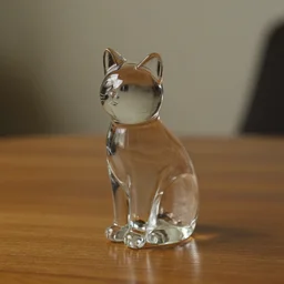 glass statue of cat on wooden table, ambient light