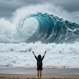 a person raising her hands at the shore while a giant tsunami appears and goes to her opposite direction, magic