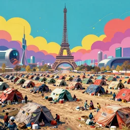 desolate migrant camp outside futuristic paris by neil blevins, accurate details, intricate, ceoncept art, smooth, hyper realistic, vibrant colors, pop art style, cinematic, 3 5 mm grain filter, artstation