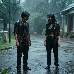 imax film still of downpour of black shiny sludge on the parents, modern horror