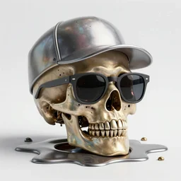 a skull ad made out of melting metal, it is of random colors, it is wearing sunglasses and a hat, there are flowers all around it, blue paint melting, vogue cover style, greg rutkowski style, demonic style, artgerm style, basquiat style